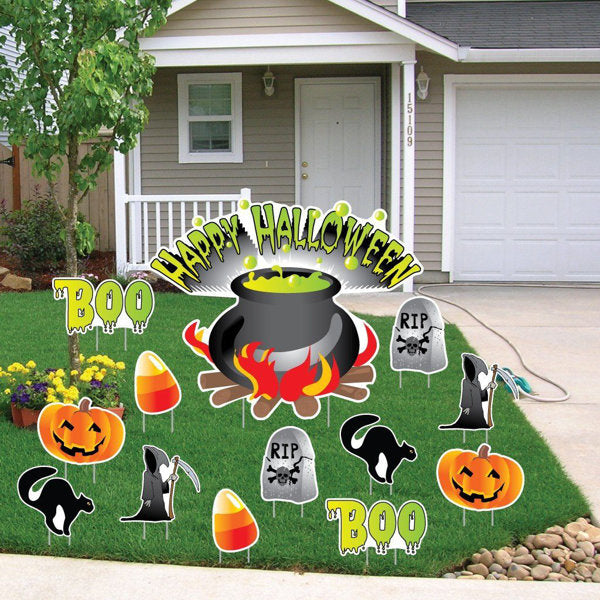 Weather Resistant Plastic Staked Halloween Jack-O-Lantern and Skeletons Garden Stake