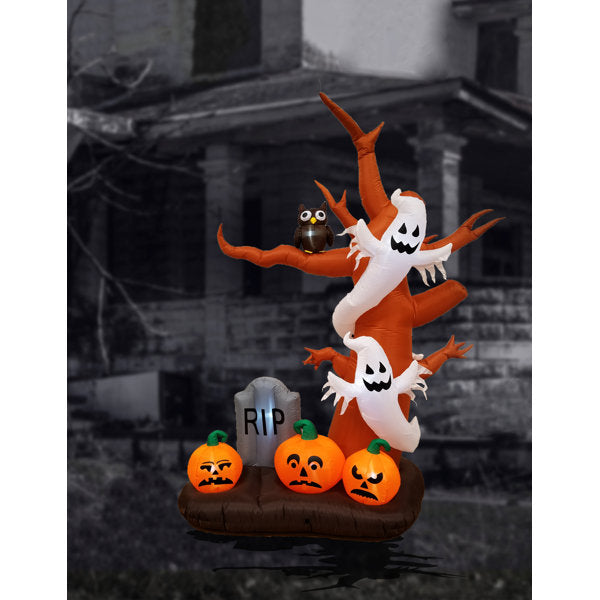 9 Foot Tall Lighted Happy Halloween Inflatable Tree, Ghost, Pumpkin and Tombstone Indoor / Outdoor Holiday Blow Up Yard Garden Decoration