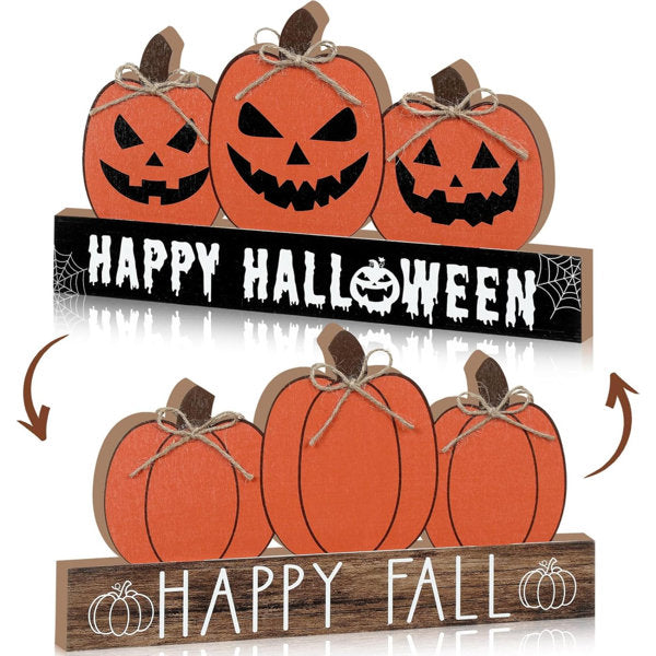Fall Wooden Table Sign Double Side Halloween And Thanksgiving Tabletop Pumpkin Sign Decor Happy Fall Wood Block Fall Tiered Tray Decor For The Home Shelf Party Decor