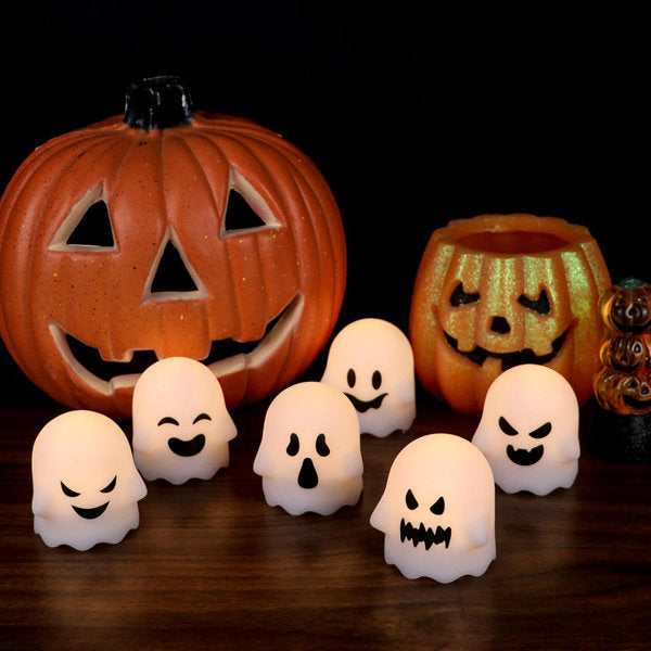 Ghost Flickering Flameless Candles Battery Operated With Remote And Timer 6 Pack Spooky White LED Tea Lights Candles Dimmable Light Halloween Indoor Decoration Gifts(2 X 2.4 Inches)