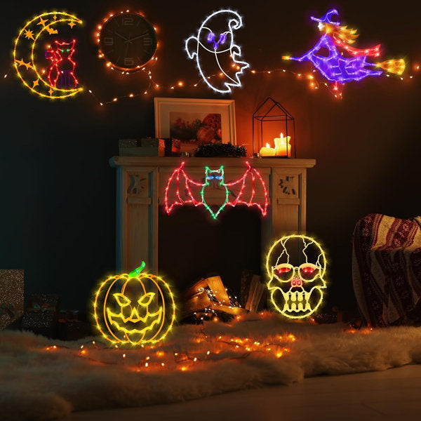 16" Halloween Window Silhouette Lights Decorations - 6 Pack Colour Lighted Ghost & Pumpkin & Witch & Bat & Skull Head & Cat On Moon For Holiday Indoor And Outdoor Wall Door Window Decorate