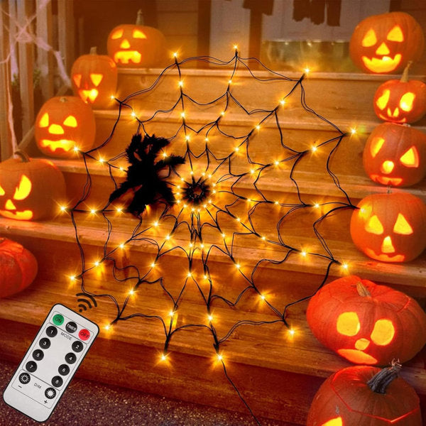 Halloween Decorations Spider Web Lights - 4FT Diameter 70 LED With Black Spider, Waterproof Net Lights, Remote Control, 8 Modes Cobweb Halloween Decorations For House Garden Indoor Outdoor (Orange)