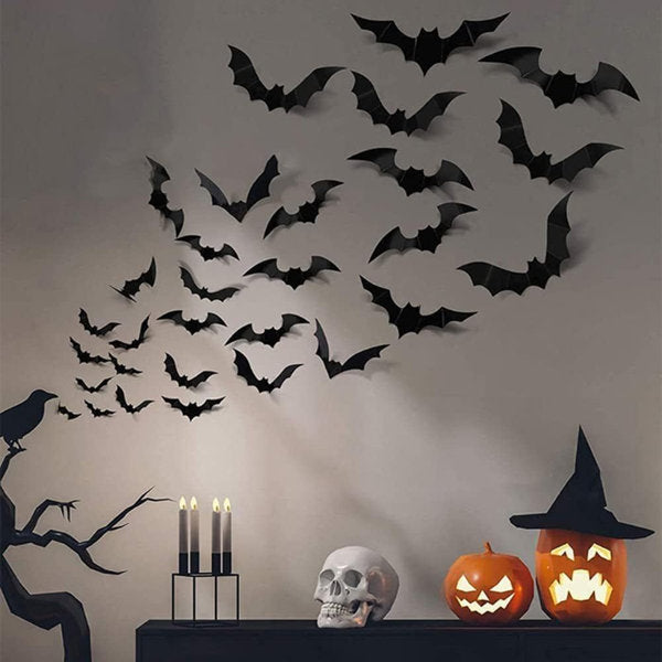 54PCS Halloween Decorations Indoor - Halloween Spider Web Lace Mantel Scarf, Table Covers And Lampshade, Halloween Creepy Cloth, 3D Bats For Halloween Decor (Black)