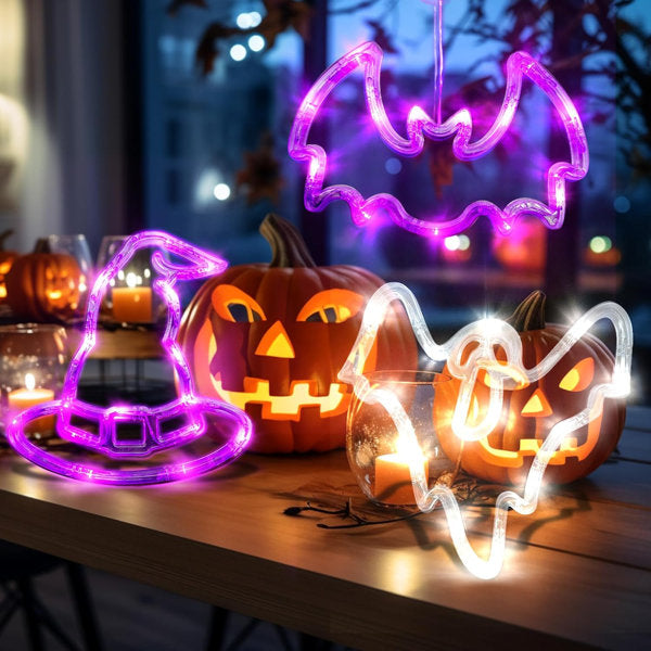 Halloween Window Decorations 3 Pack Window Lights, Lighted Witch Hat Ghost Bat Halloween Lights Indoor,LED Battery Operated Decor, Halloween Decorations Indoor For Home Party Window Wall