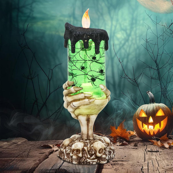 Halloween Snow Globe Flameless Candle With Timer, Battery Operated Tornado Lamp Skeleton Hand Candle Holder Green Light Glittering Spinning Water Halloween Table Decor(Spider, 4" X 10")