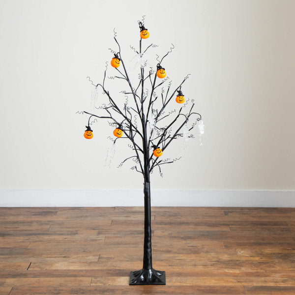 5Ft. Pre-Lit Artificial Halloween Pumpkins And Skulls Ornament Tree With 72 Warm White LED Lights