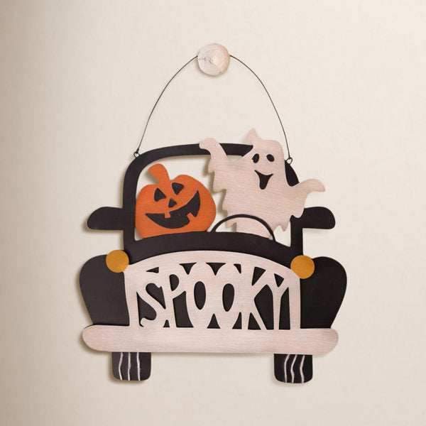 Halloween “Spooky” Door Sign 14.37"H – Hand-Painted Metal Wall Decor
