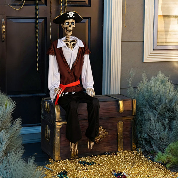 Annekristin 5.4 Ft Halloween Pirate Captain Skeleton Life Size Skull Movable Joints