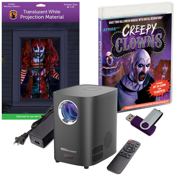 USB Projector Kit - AtmosFx Creepy Clowns on USB + Projector + 48 in. x 72 in. Holographic Screen