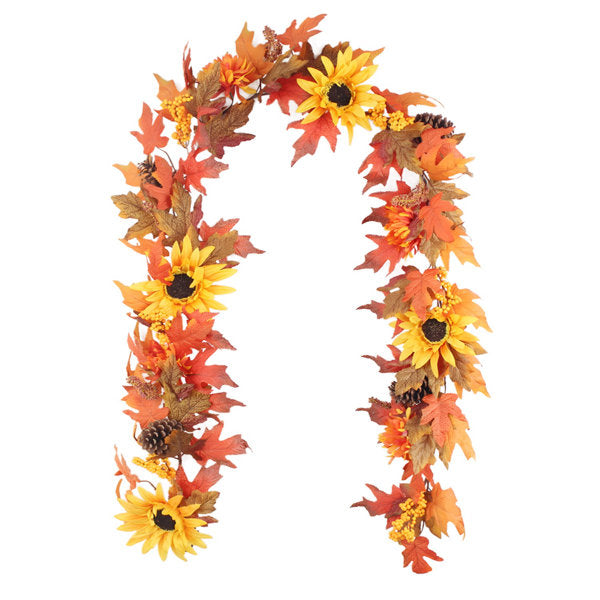 Fall Maple Leaf Garland Hanging Vine 5.9Ft Artificial Berries Sunflower Pumpkin Autumn Decoration For Wedding Party Thanksgiving Dinner Fireplace Door Frame Doorway Backdrop Decor