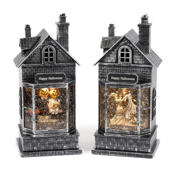 SET OF 2 10.5 Inch Lighted Haunted Houses Spinning Halloween Water Globes