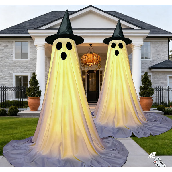 2 Pack Halloween Spooky Ghost Decor With Witch Hat & LED String Lights Indoor Outdoor Terrifying Decor For Home Porch Garden Yard Lawn Party