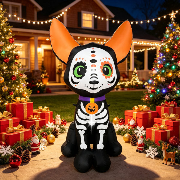 5FT Halloween Inflatables Outdoor Decoration Blow Up Cute Skull Dog With Built In Leds Indoor Party Garden Lawn Holiday Decor