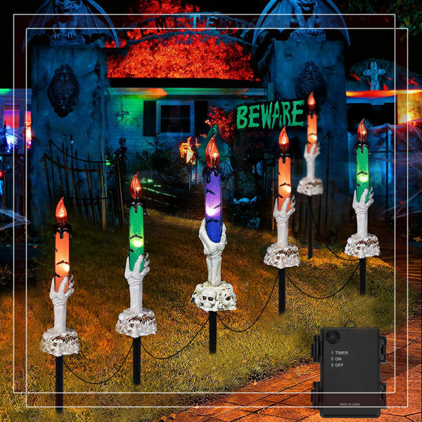 Halloween LED Skeleton Hand Candle String Lights - 6-Pack (Orange/Green/Purple), 18 Leds, 6H Timer, Waterproof, Indoor Outdoor Party Decor