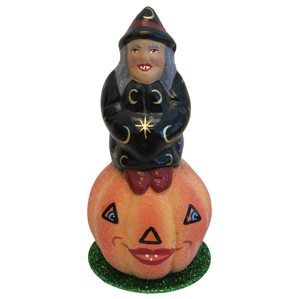 Schaller Paper Mache Witch On Pumpkin Candy Container