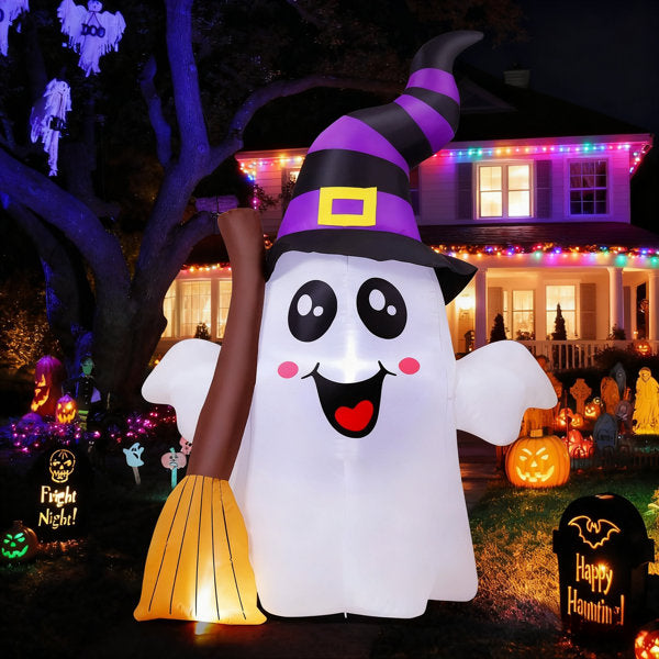 6.2 FT Halloween Inflatable Ghost Outdoor Decoration - Cute Ghost Holding Broom, Built-In Leds, For Garden Lawn And Indoor Party Decor