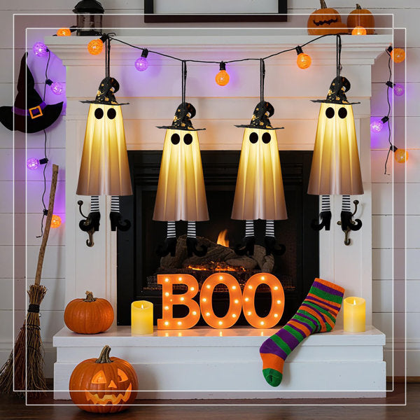Halloween Light Up Witch Hat Ghost Set (4 Pcs) - 3 Dynamic Modes, 20.8" Floating Ghosts, 24 Batteries, Easy-Hang Indoor Outdoor Decor