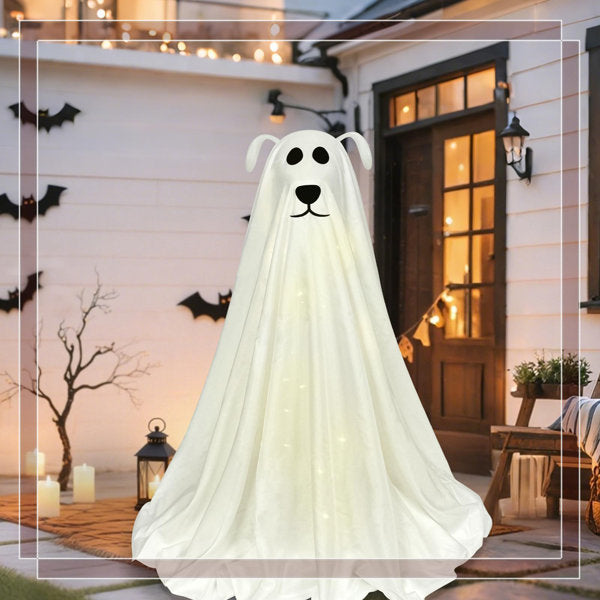 Halloween 3D Ghost Dog Decoration (30In) - Cute Puppy Design With Warm String Lights, Easy-Setup Freestanding For Yard Mantel Party