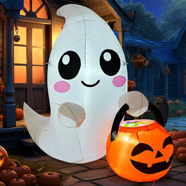 4.9 FT Halloween Inflatable Ghost Holding Pumpkin Bucket with LED Lights