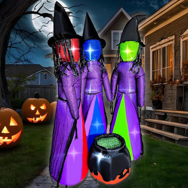 6 FT Halloween Inflatables 3 Holding Hands Witches With Cauldron Blow Up Inflatables Halloween Faceless Witch Decorations With Build-In Leds For Home Yard Lawn Garden Party Decor