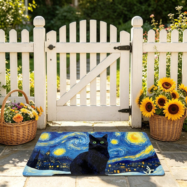 Van Gogh "Starry Night" Black Cat Doormat 24 x 36 in for Entrance Porch