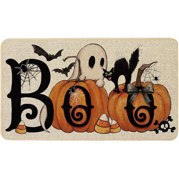Halloween Pumpkins Welcome Doormat 17X29 Inch, Boo Ghost Black Cat Decorative Front Door Mat Non Slip Rubber Backing Fall Seasonal Entryway Floor Decoration