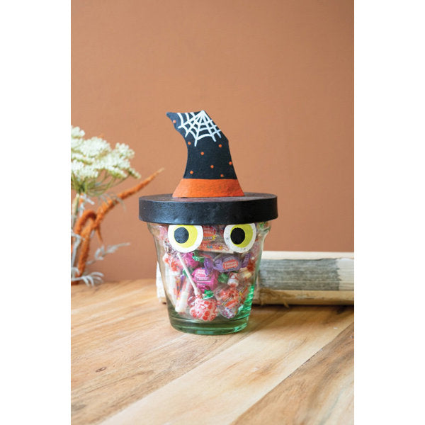 Painted Metal Witch Hat with Glass Pot Decorative Planter