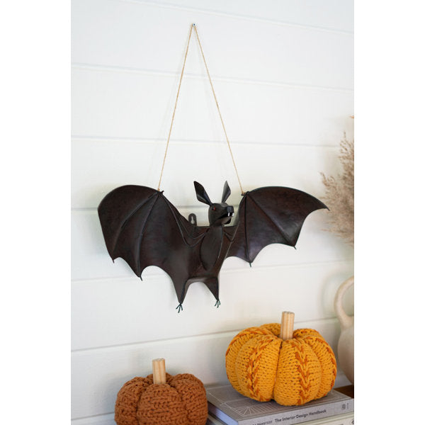 Painted Metal Bat Halloween Door Hanger 10"H Black Distressed Bat Decor Set of 2