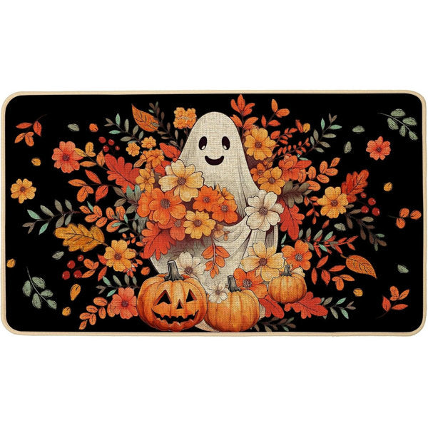 Halloween Ghost Doormat Floarl Scary Spooky Pumpkin Black Welcome Front Doormat Outdoor Outside Indoor Non Slip Rubber Backing Fall Entryway Kitchen Floor Decoration 17X29 Inch (Black)