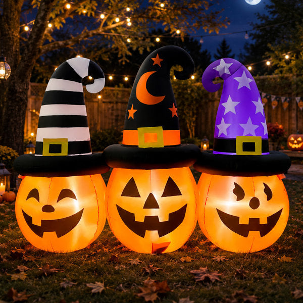 6 FT Lighted Halloween Inflatable Triple Pumpkin with Distinct Witch Hats