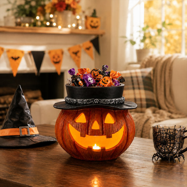 Alfani Lighted Resin Halloween Jack-O'-Lantern Decorative Accent with Top Hat Candy Holder