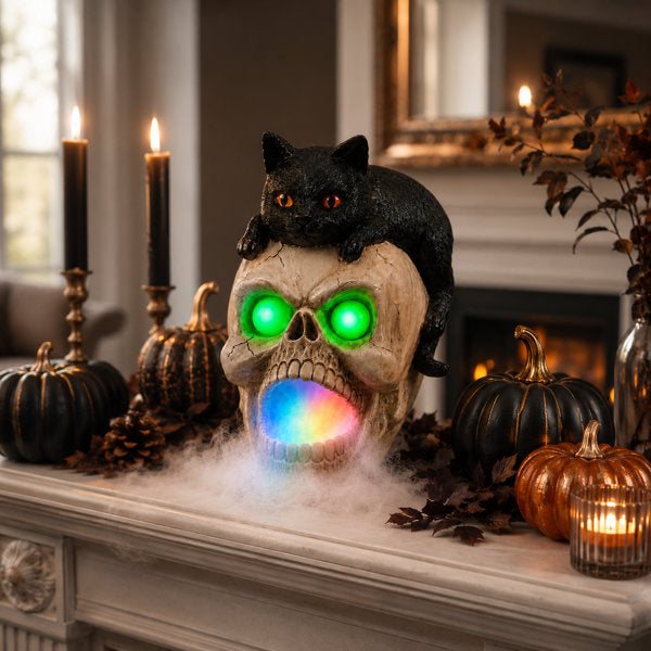 Lighted Resin Halloween Skull and Black Cat Decorative Accent with Green Eyes and Multicolor Mist Fog Maker