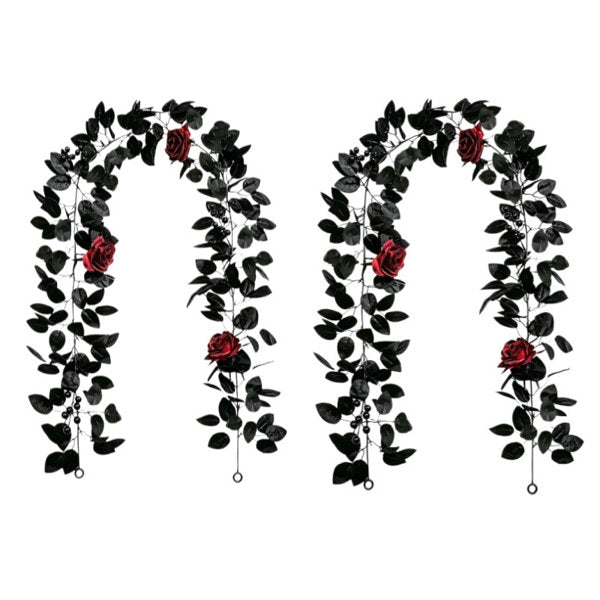 2 Pcs Halloween Artificial Red Rose Garland, 68.90 Inch Fake Hanging Vine with Black Leaves and Black Berries, Gothic Floral Ivy for Wall, Arch, Haunted House, Halloween Party Decor