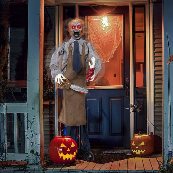 5.7 FT Animated Chainsaw-Themed Halloween Standing Decoration with LED Eyes, Sound & Motion Sensor for Indoor & Outdoor Yard Display