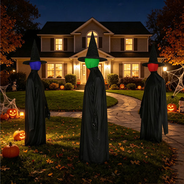 63" Light-Up Sound-Activated Halloween Witches Set of 3 – Spooky Outdoor Yard Decoration with Color-Changing Heads