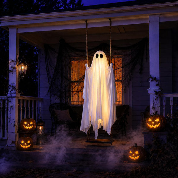 Large 5ft Pre-Assembled Hanging Swing Ghost Halloween Decorations Outdoor | Ready to Hang Setup, Height-Adjustable Swing, Timer Remote Lights Strings, Draped Smooth Fabric, Porch Yard Lawn Tree Decor