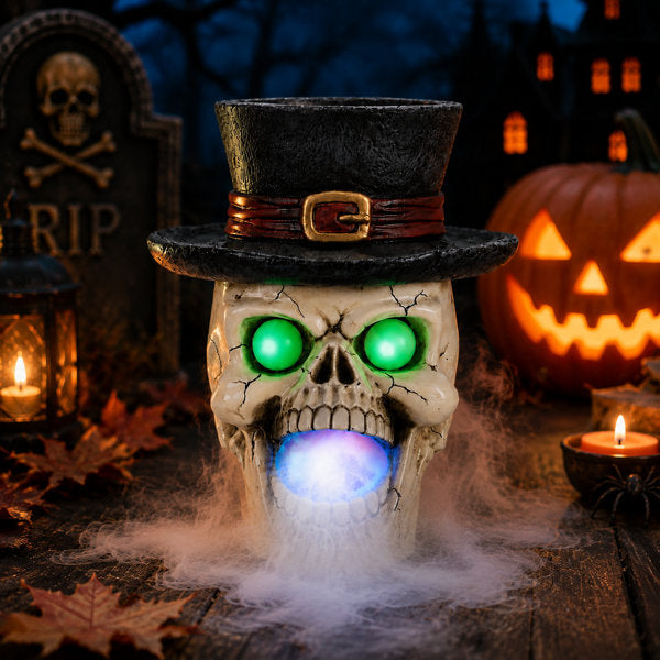 Halloween Fogging Skull Decor with Top Hat, Light Up Skeleton Mist Maker Statue