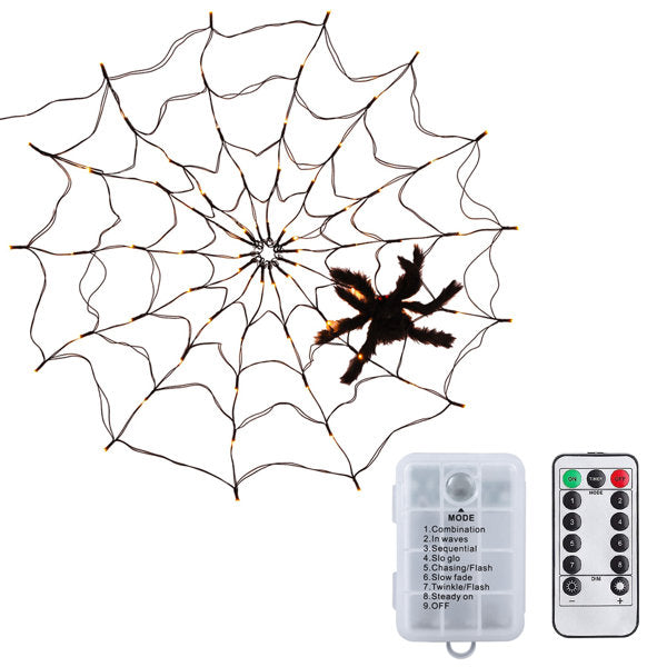 3.28 FT Halloween Spider Web Light with Hairy Spider, 70 LED Battery-Operated Web Light with Remote, 8 Modes