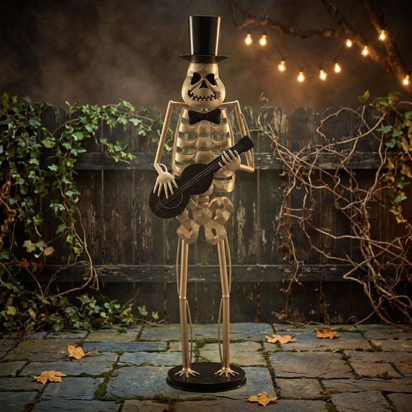 Metal Guitar Player Skeleton Statue