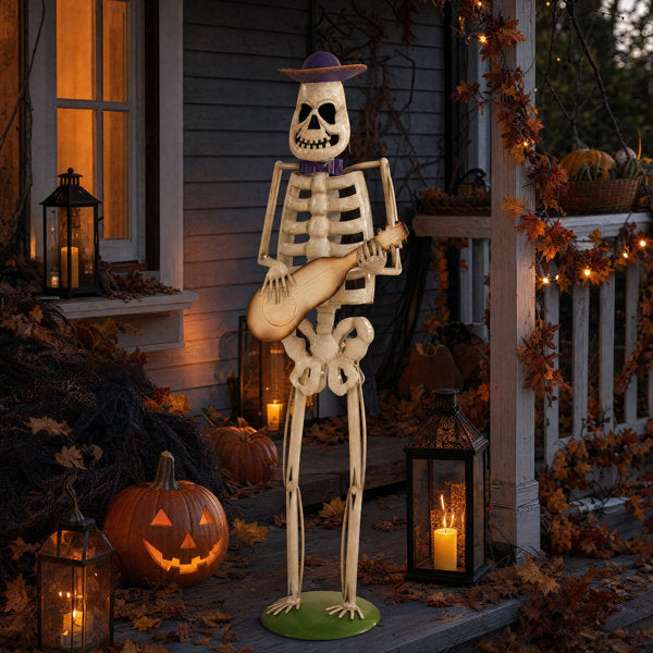 Halloween Skeleton Guitar Yard Decoration, 61.8" Metal Skeleton Statue with Purple Hat & Bow Tie, Outdoor Porch Lawn Party Decor