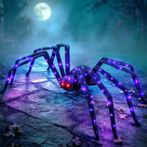 EAMBRITE Halloween Decorations Outdoor Giant Spider Light Up Spider 4.3Ft Lighted Large Spider with 6 Modes and 100 LED Purple Lights, Black Spooky Spider for Yard Lawn Garden Patio Outside Decor
