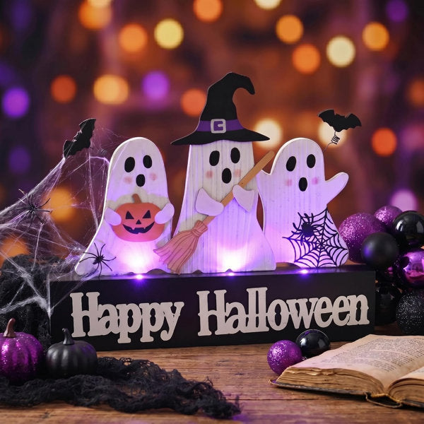 Halloween Decorations with Purple LED Lights, Lighted Halloween Ghost Decor, Tabletop Sign with Witch Hat Broom Bats Jack O Lantern for Home Party Indoor, 8 Inch