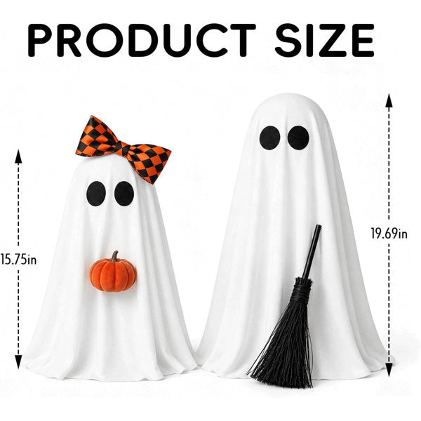 Halloween Decorations Indoor, 2 Pack Lighted Ghost Decor with Broom Pumpkin | Warm LED Glow Charming Handmade Look Cozy Farmhouse Accent for Mantel Shelf Table Entryway Room Kitchen Home Party Supply