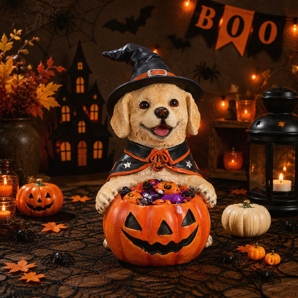 Halloween Labrador Retriever Witch Puppy Figurine with Pumpkin Candy Bowl