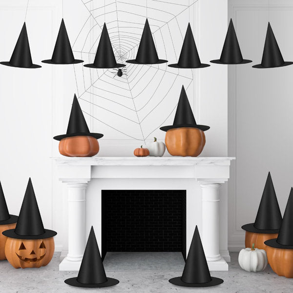 24 PCS Witches Hats Halloween Decor, Thick Hanging Witch Front Porch | Black Wizard Hat, Thickened Oxford Material, Hanging Witch Hats with 328 FT Rope, Enough Quality for Halloween Decorations
