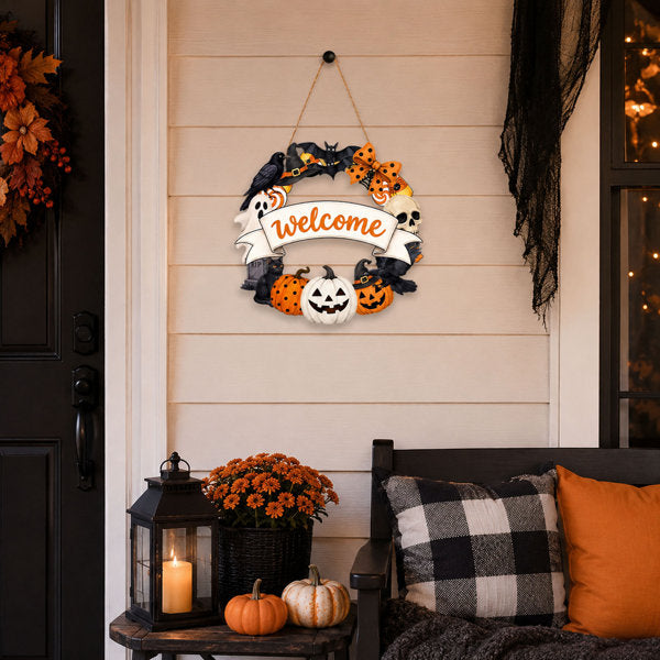 12'' Wooden Halloween Welcome Wreath Sign with Pumpkin, Ghost and Black Cat