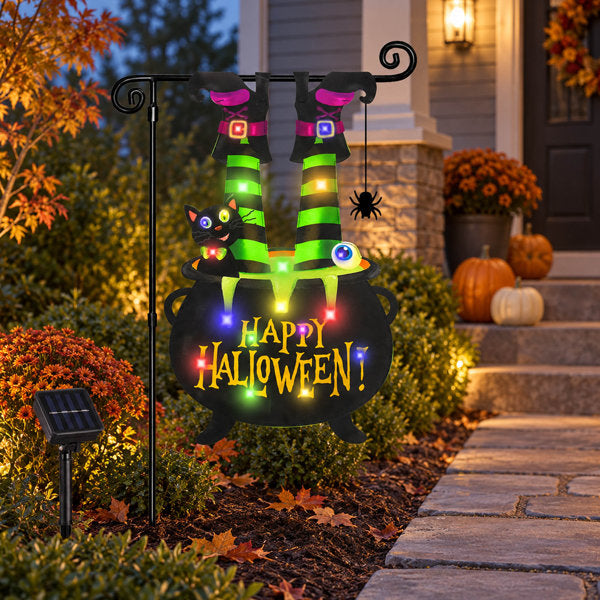 Halloween Garden Flag with Solar Lights (Witch Legs Design, 8 Lighting Modes) – Flagpole Not Included