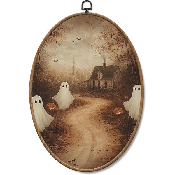 Fall Halloween Ghost Haunted House Framed Wall Art 8.5x11.5in | Gothic Rustic Spooky Cabin Oval Wall Art Decor for Home Room Bedroom, Autumn Ghost Pumpkin Canvas Artwork Hanging Décor