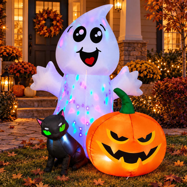 5' Halloween Inflatable Ghost with Black Cat Pumpkin and Built-In LEDs