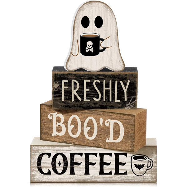 4 Pcs Halloween Coffee Table Decorations Ghost Stacked Wooden Decor | Freshly Boo'd Coffee Halloween Tiered Tray Decor, Rustic Ghost Table Centerpiece for Home Kitchen Shelf Bar